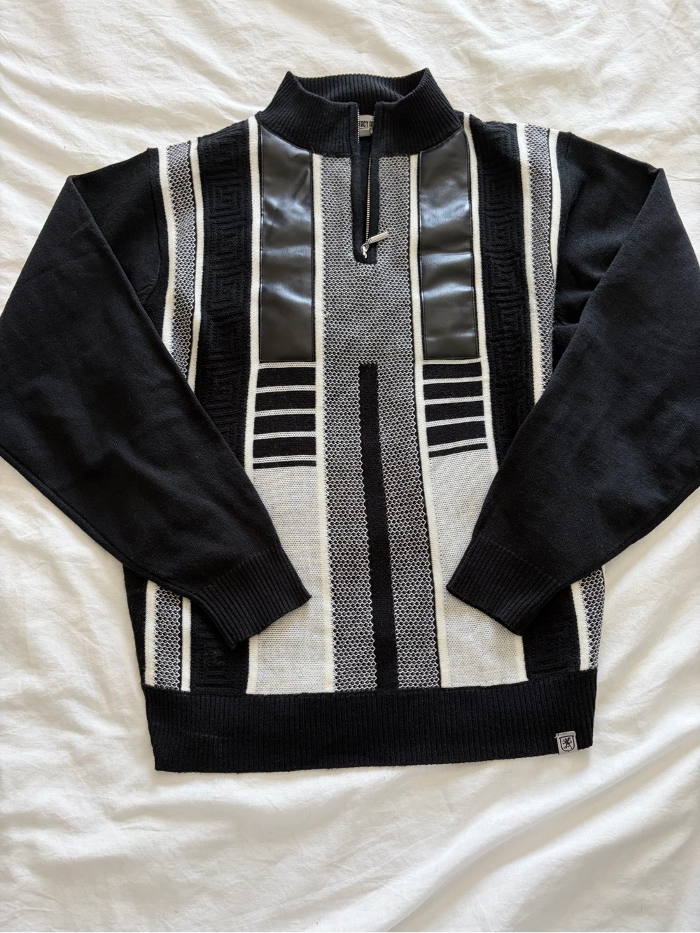 Stacy Adams Men’s Black & White Quarter-Zip Geometric Knit Sweater Large